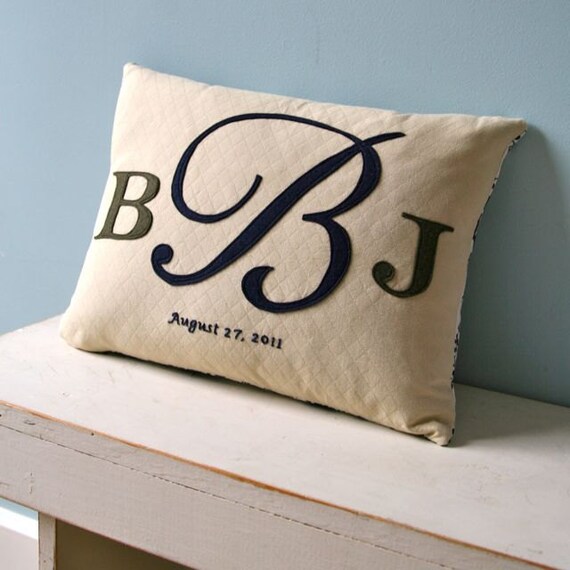 Items similar to Wedding Monogram Pillow hand embroidered with the