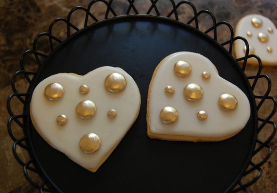 Valentines Day Cookie Hearts with Gold Polkadots - 1 Dozen Il_570xn