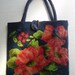 Romantic Dark Blue Wool ART Felted Bag with Big Attractive Coral Flowers Bouquet OOAK