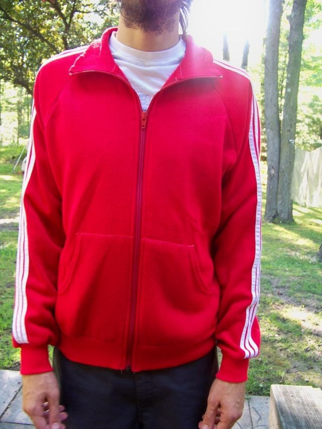 Red Track Jacket with White Stripes with Baseball Style Text