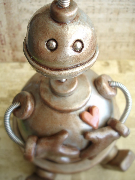 Robot Sculpture Storage Bot Keepsake Vessel Rustic Silver Stew