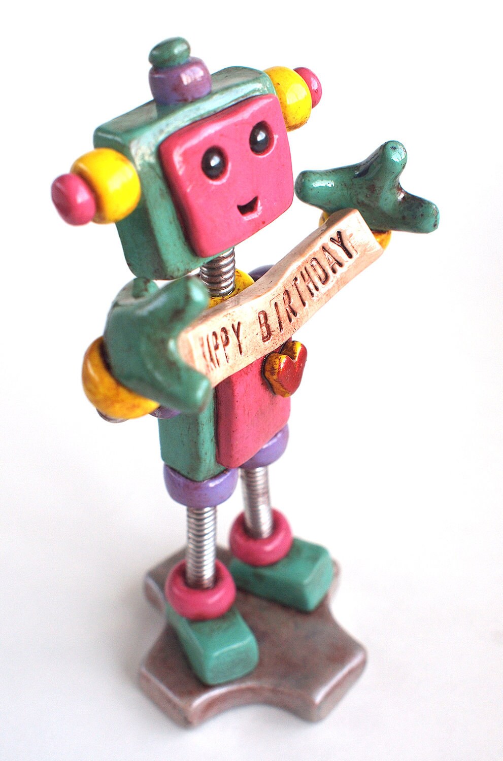 Teal Tam Robot Birthday Cake Topper Holding Banner Robot