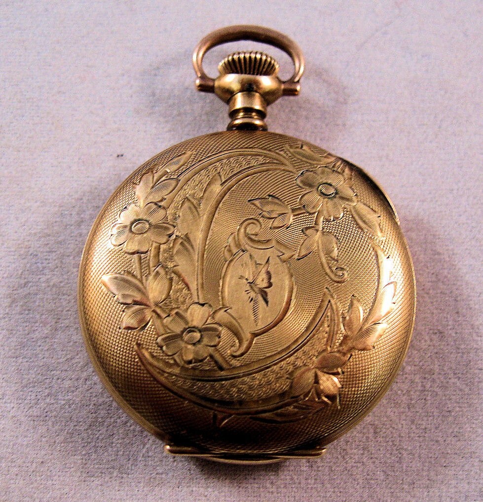1908 Hampden Ladies Gold Filled Pocket Watch Butterfly