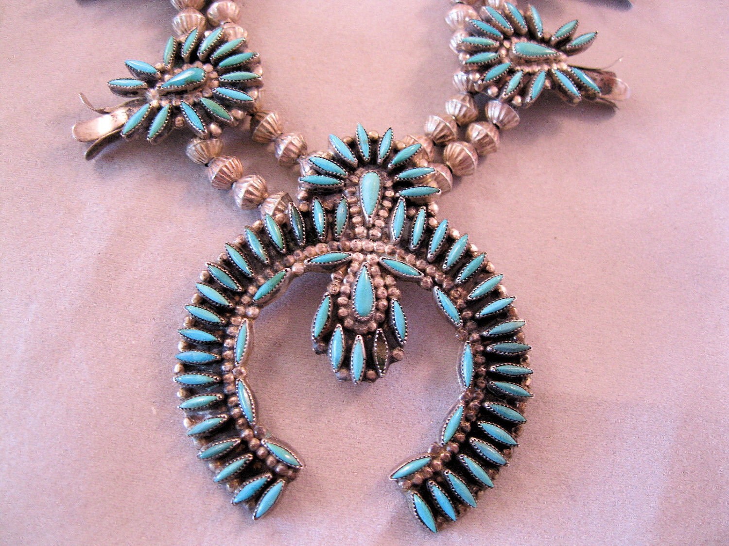 1977 Zuni Squash Blossom Necklace Petit Point Turquoise