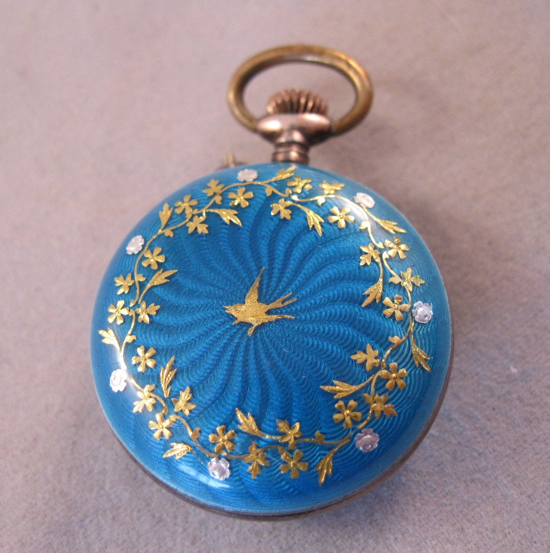 Antique Pocket Watch Guilloche French Enamel Sterling Ladies