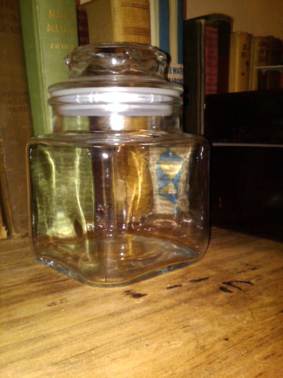 vintage clear glass square apothecary jar. counter jar with