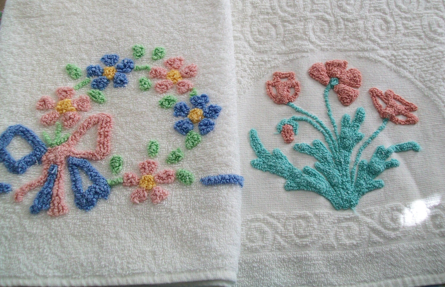 2 Vintage chenille towels one bath towel one hand by BlueSkyLane