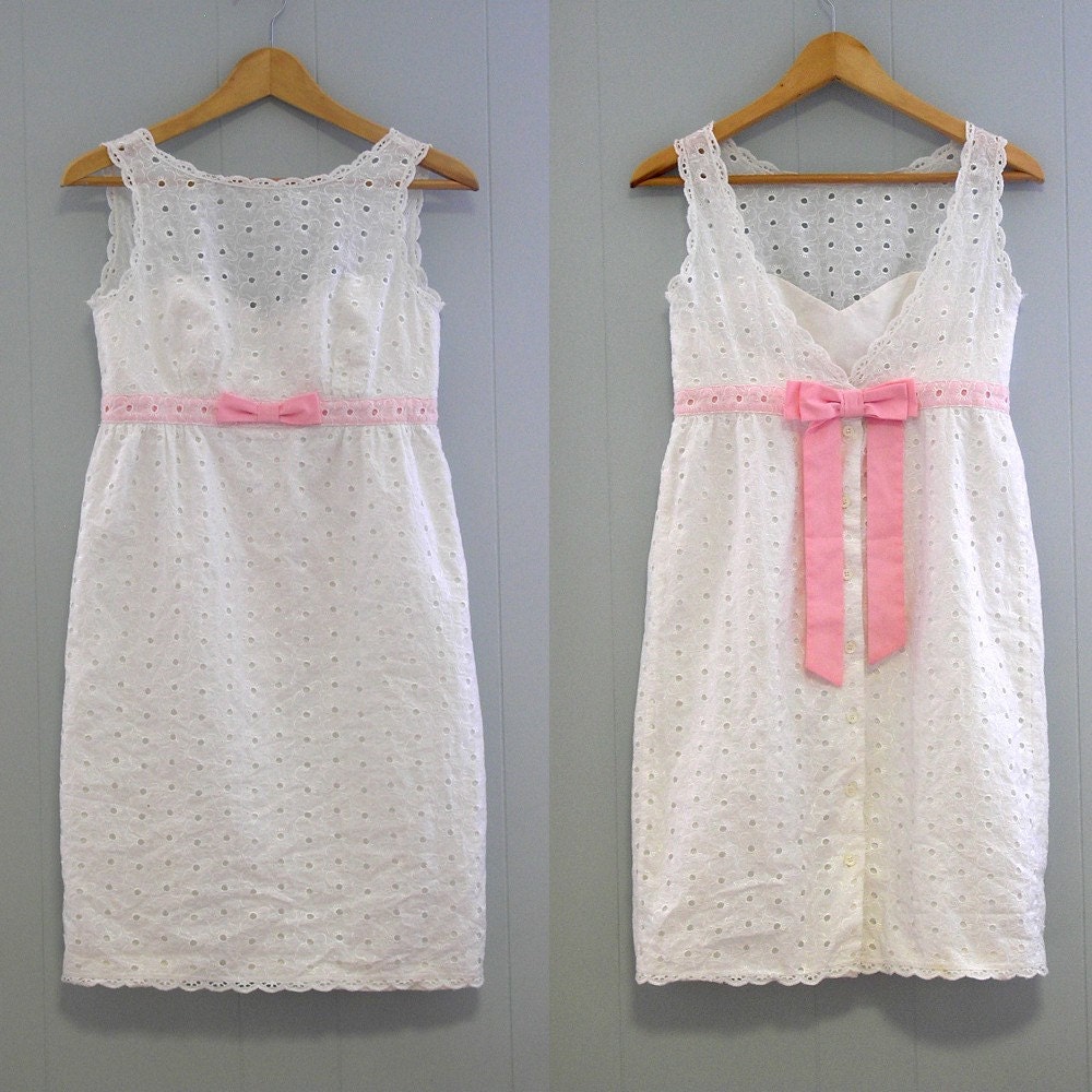 WHITE BABY DOLL Empire waist DRESS...eyelet lace with pink