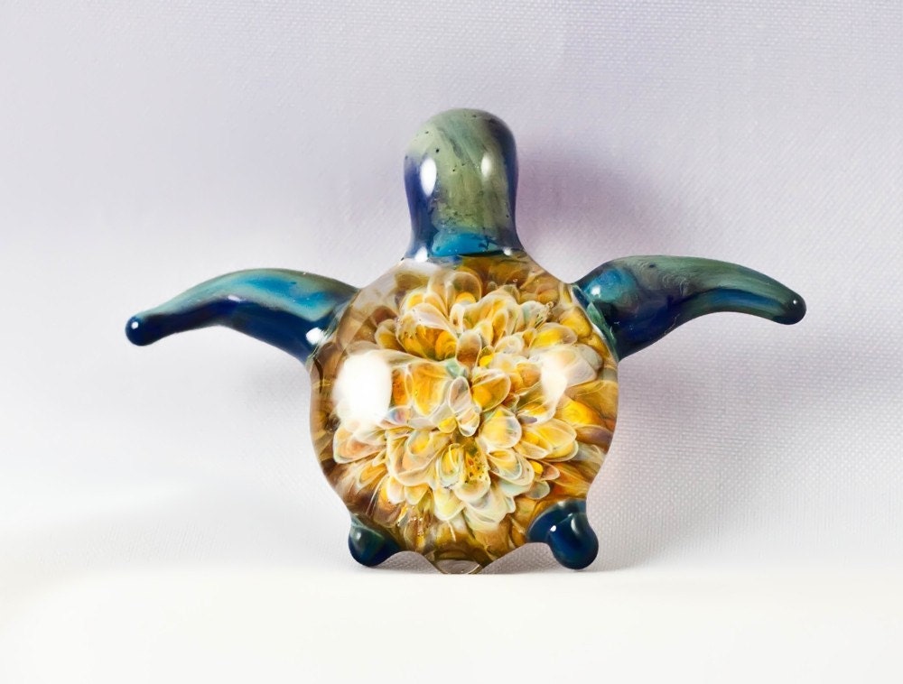 Hand Blown Glass Sea Turtle Pendant Necklace Ocean Blues