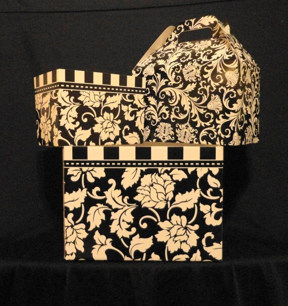 Set of 11 Basket Gift Boxes Black & White Damask Print