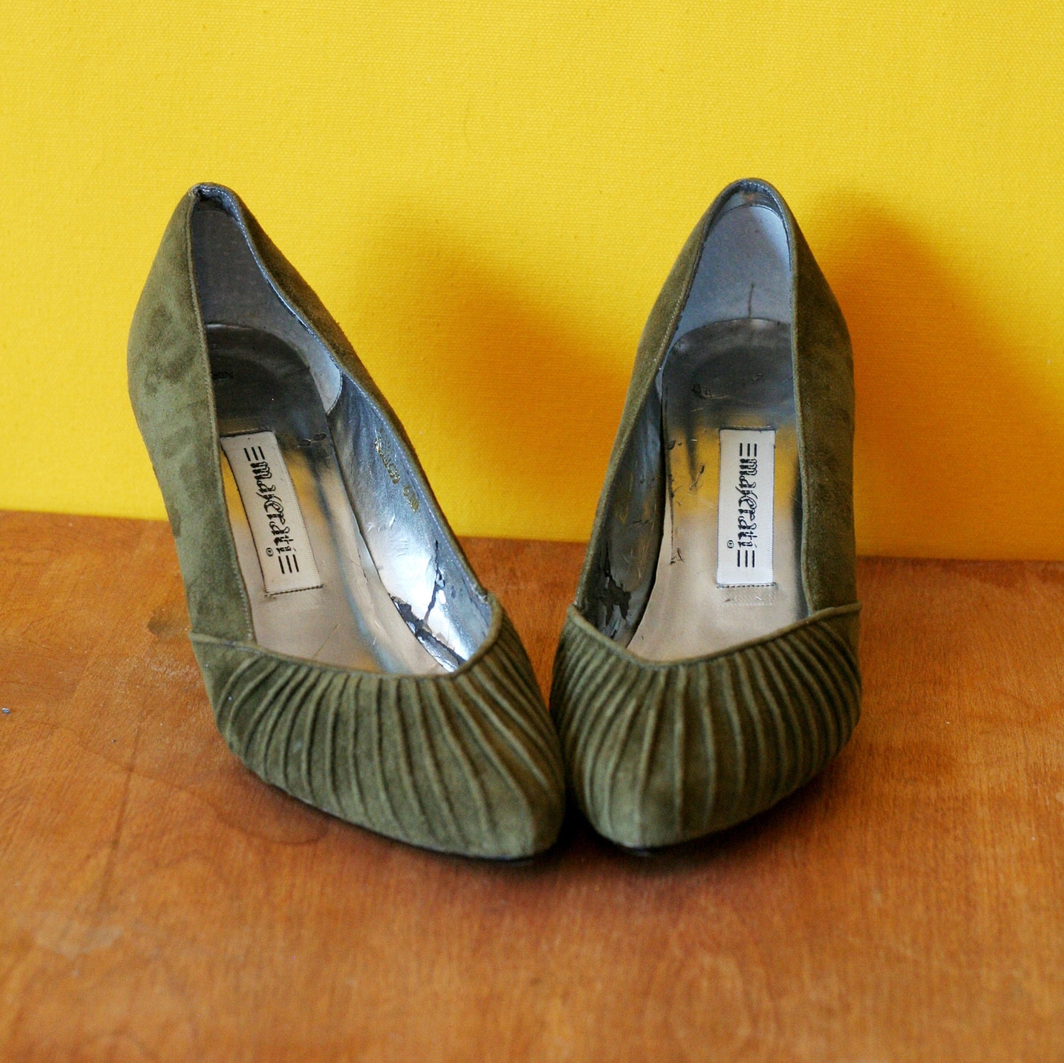 green suede platform heels