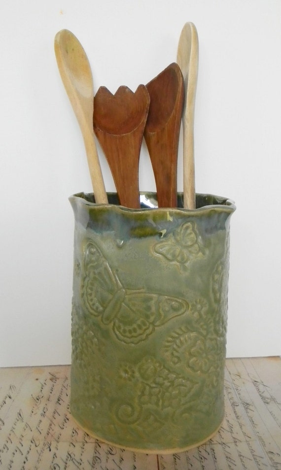 Handmade Green Stoneware Utensil Holder or Vase