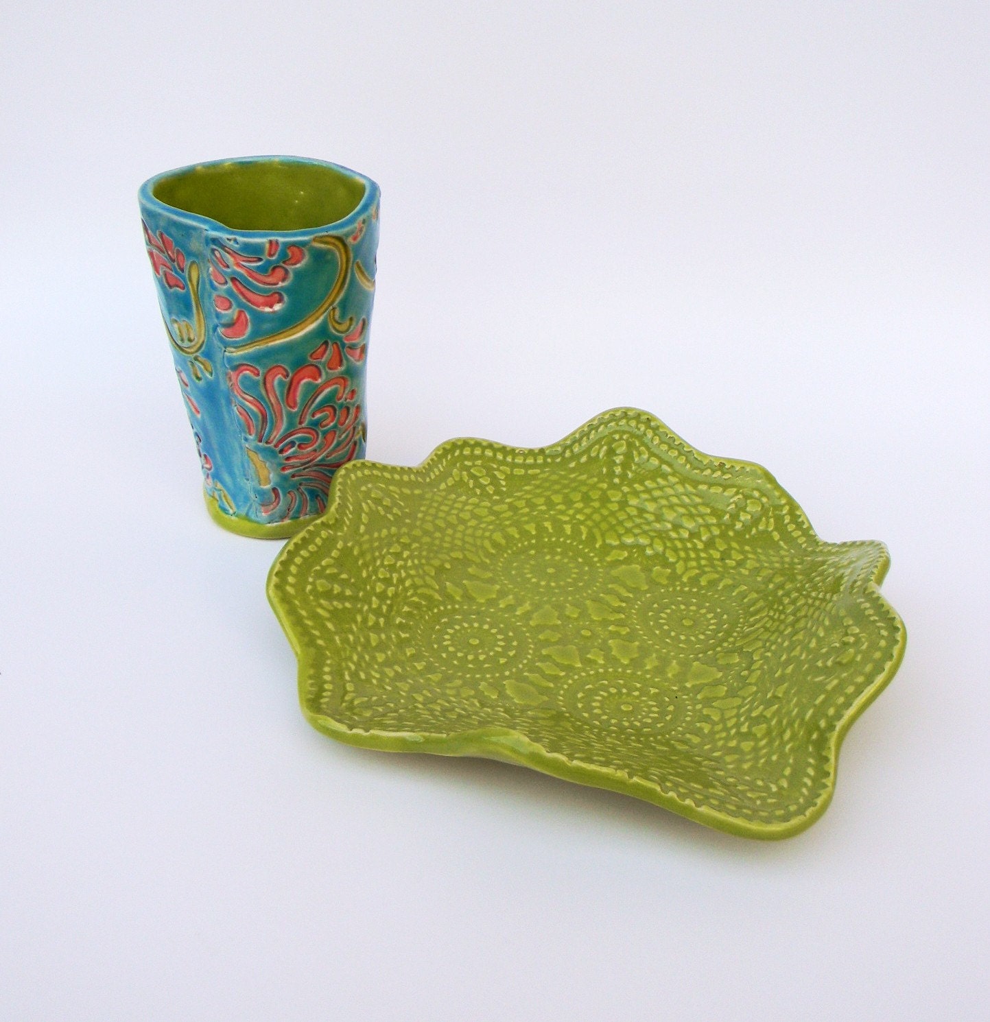 Hand Made Bright Green Pottery Snack Dish by artsylois on Etsy