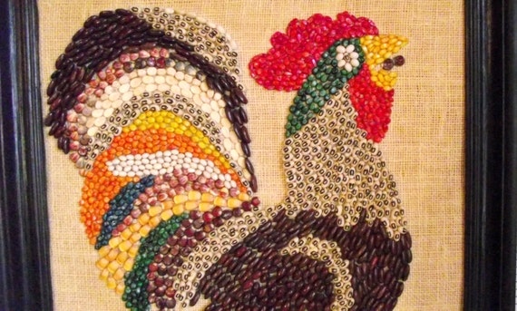 On Sale Vintage Rooster Chicken Picture Made of Seeds Beans