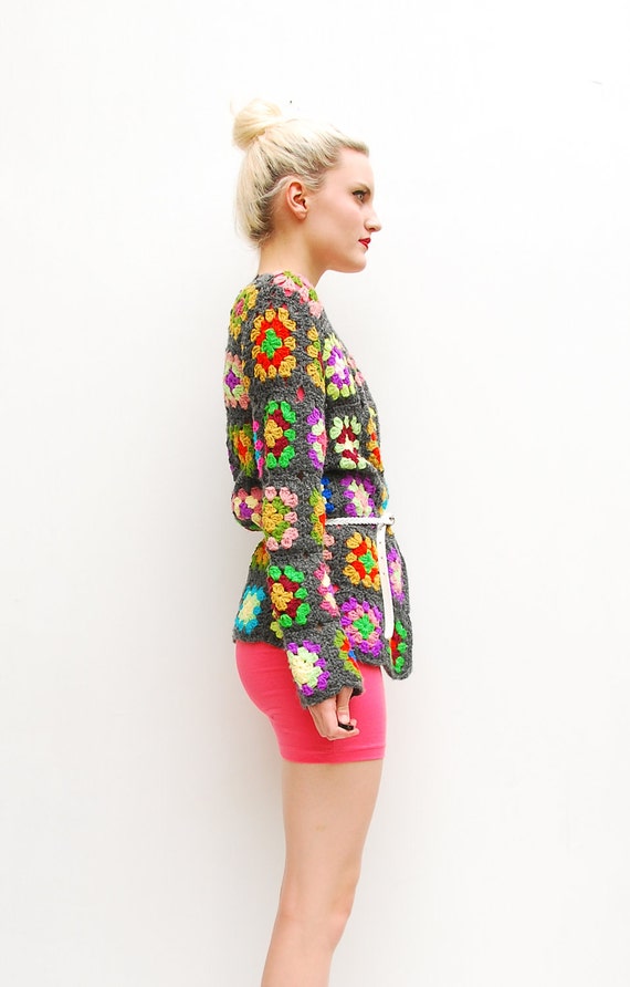 70s Afghan Sweater Cardigan Patchwork Sweater Crochet