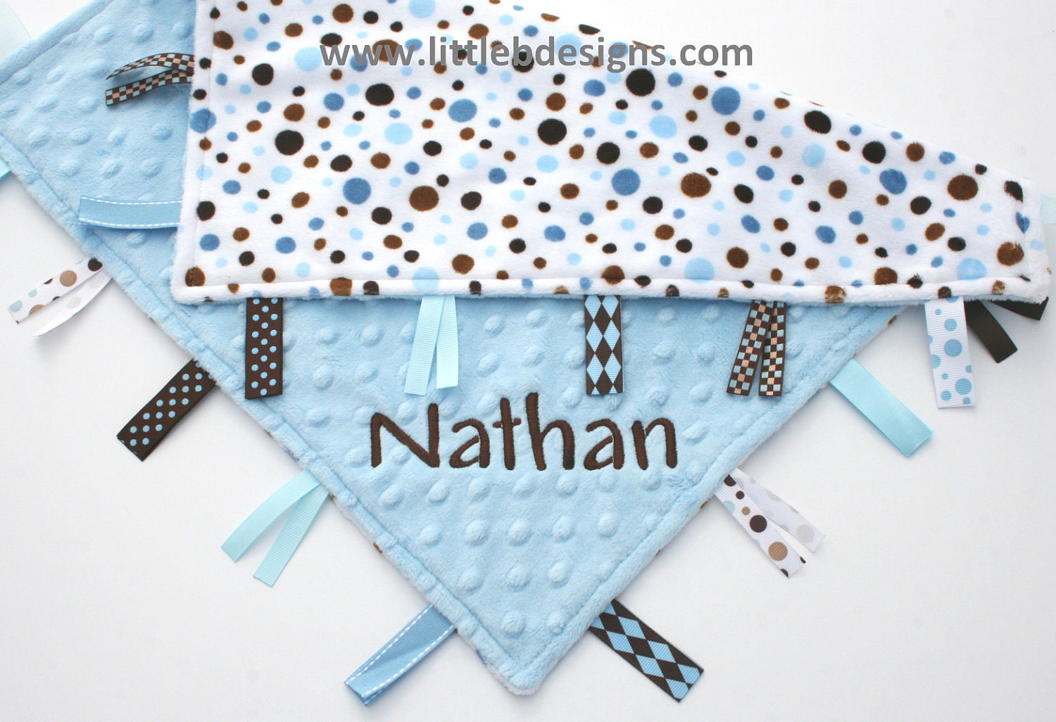 Personalized Baby Tag Blanket Ribbon Lovey Light Blue with