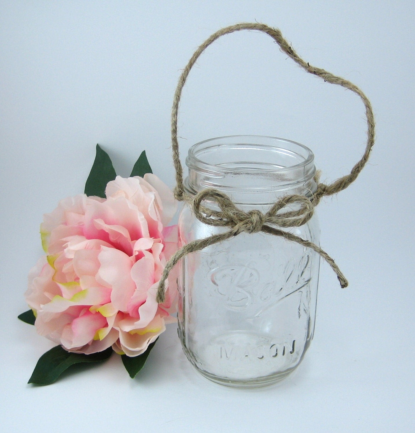 Hanging Mason Jars with Jute Ribbon Bow Set of 6