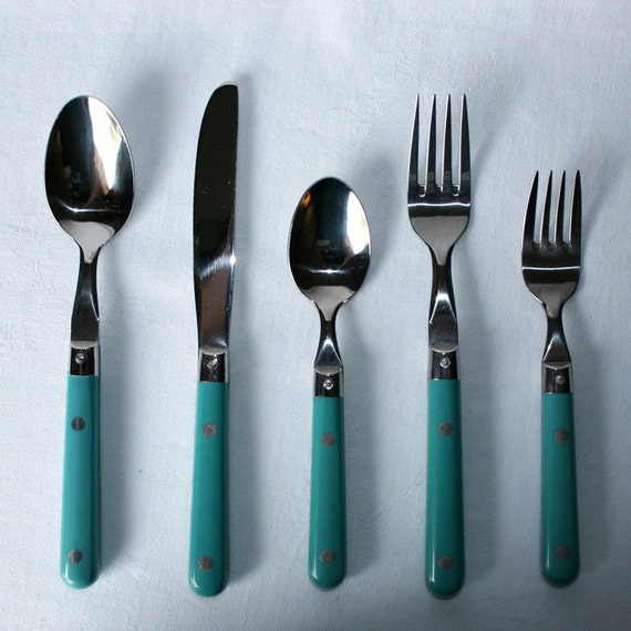 20 Piece Teal Blue  Steel Plastic  Handle Flatware Set 