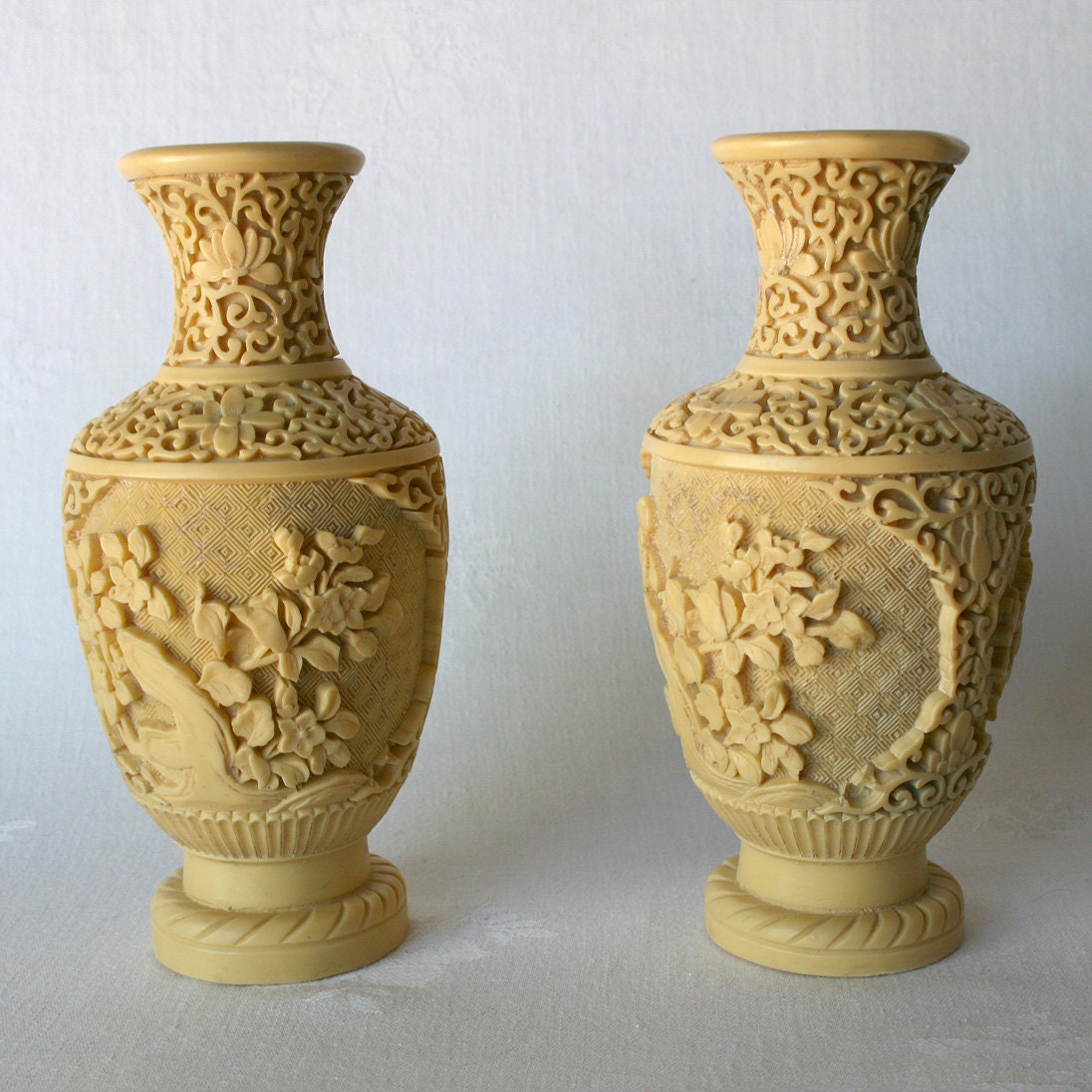 Pair of Carved White Cinnabar Chinese Lacquerware Vases