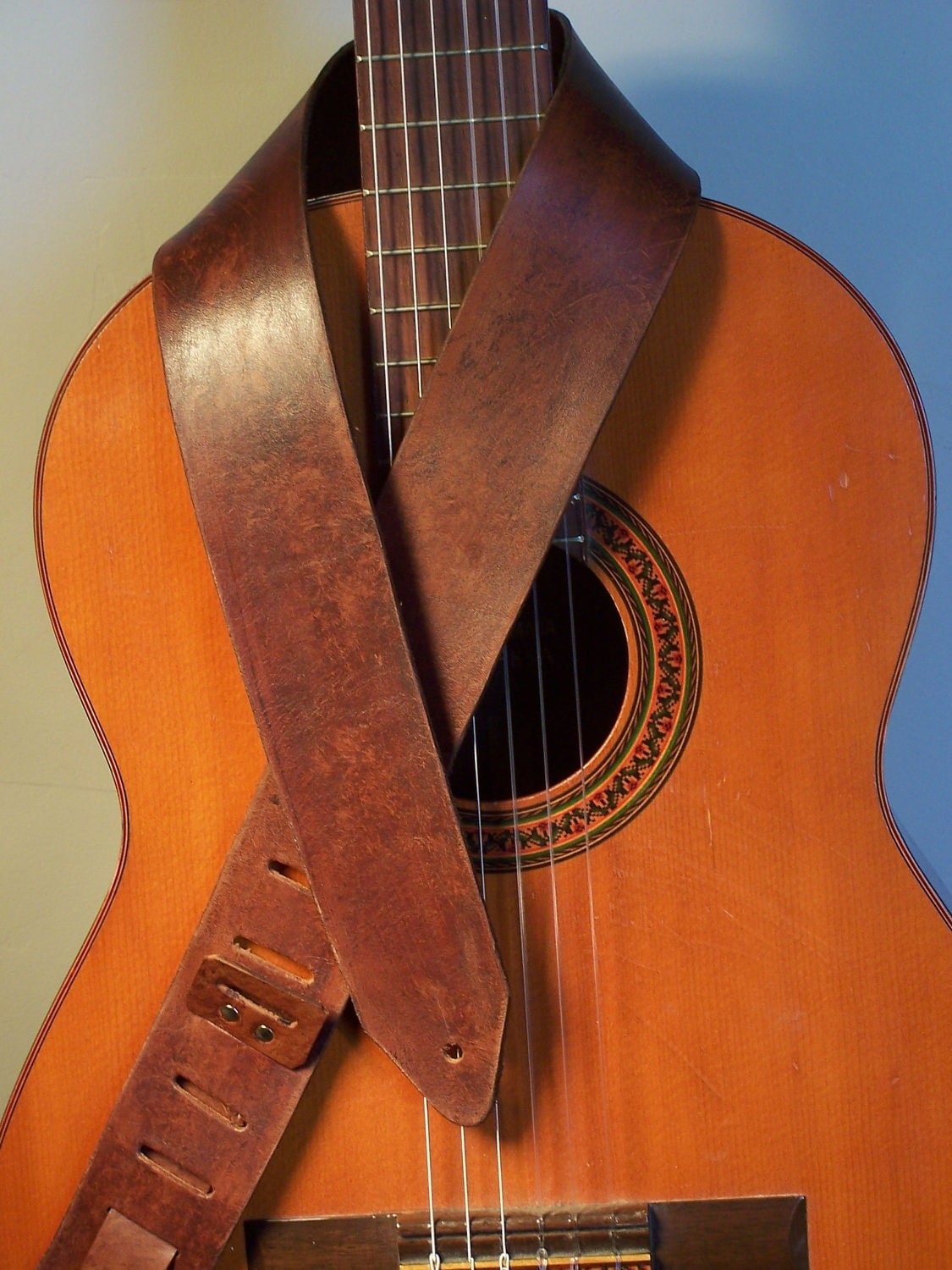 Thin Dark Brown Leather Guitar Strap Distressed Finish