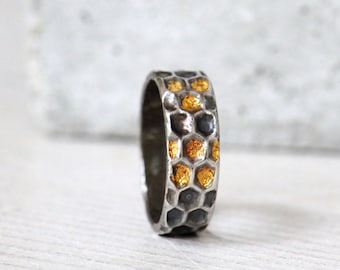 Honeycomb ring, bee ring, sterling silver ring with 22K gold honey details, beekeeper gift, made to order ring