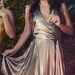 Metallic Halter Dress with Crystal Pleated Skirt, Surplice Top, Copper Bronze, MEDIUM