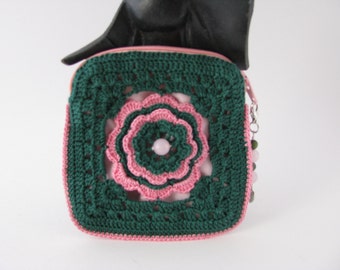 Petite Rose Pouch in Forrest Green and Warm Pink and fully lined