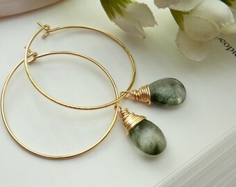 GREEN RUTILATED QUARTZ 16KT GOLDEN HOOP EARRINGS
