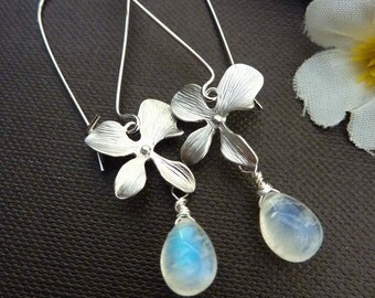 Custom Stone Earring - Blue Flash Moonstone, Orchid Silver Earrings