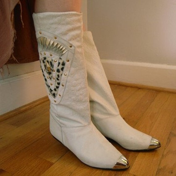 White Leather Majorette Boots with Gold Detail and Faux Animal