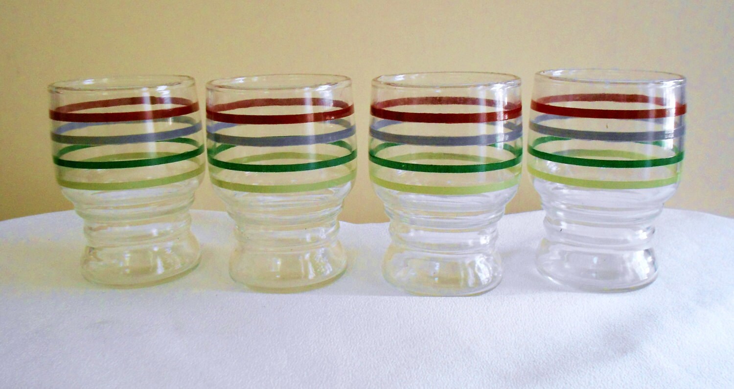 4 Vintage striped Drinking Glasses Libbey Red Gray and Green