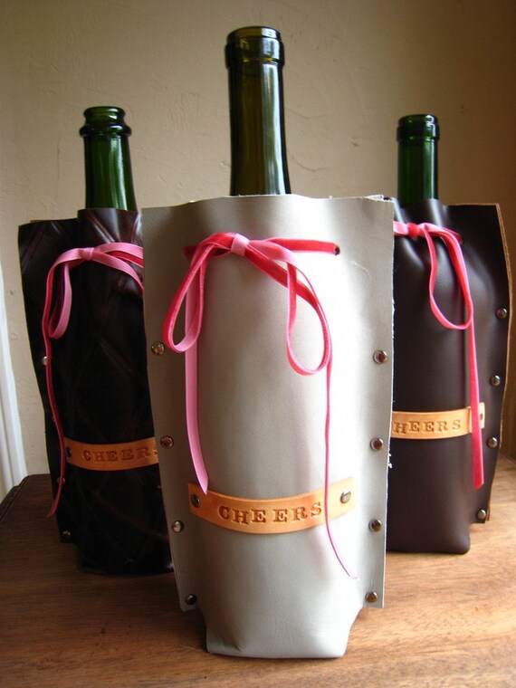 Leather Wine Bottle Cover Jacket Cheers Gray or Brown