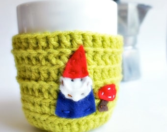 Gnome Funny Coffee Mug Tea Cup Cozy Chartreuse lime green spring crochet handmade cozy cover