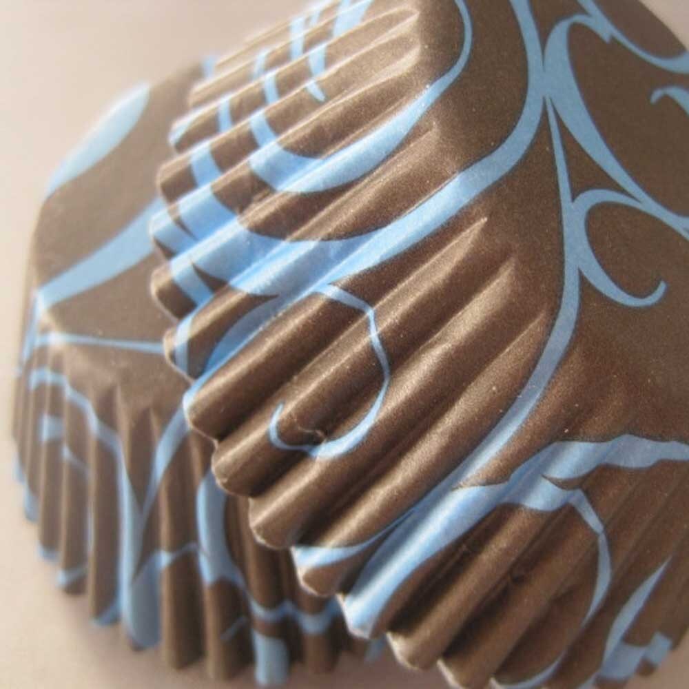 36 brown and blue damask swirl cupcake liners