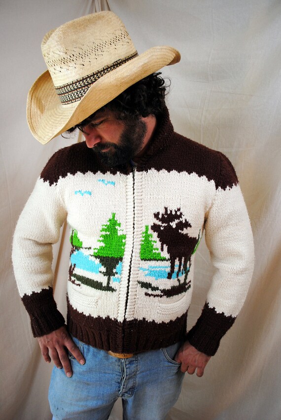 Vintage 1960s Cowichan Novelty Cardigan Wool Sweater Moose