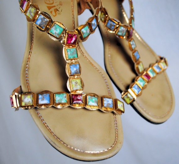 Vintage 1970s Gold Jewel Sandals By Signals Beacon