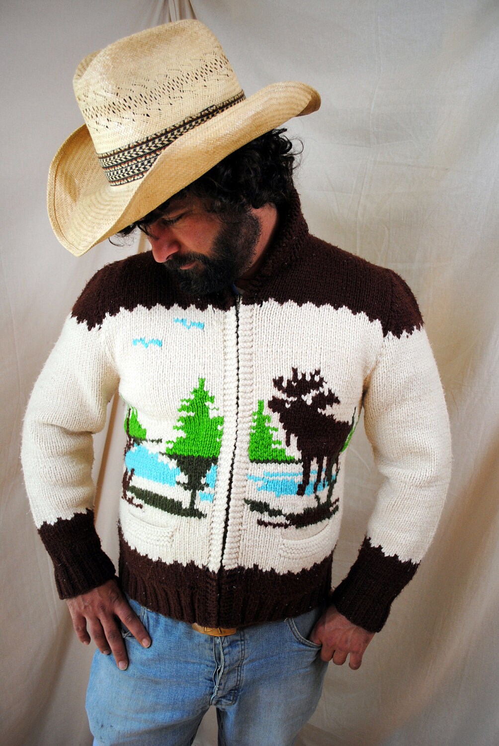 Vintage 1960s Cowichan Novelty Cardigan Wool Sweater Moose