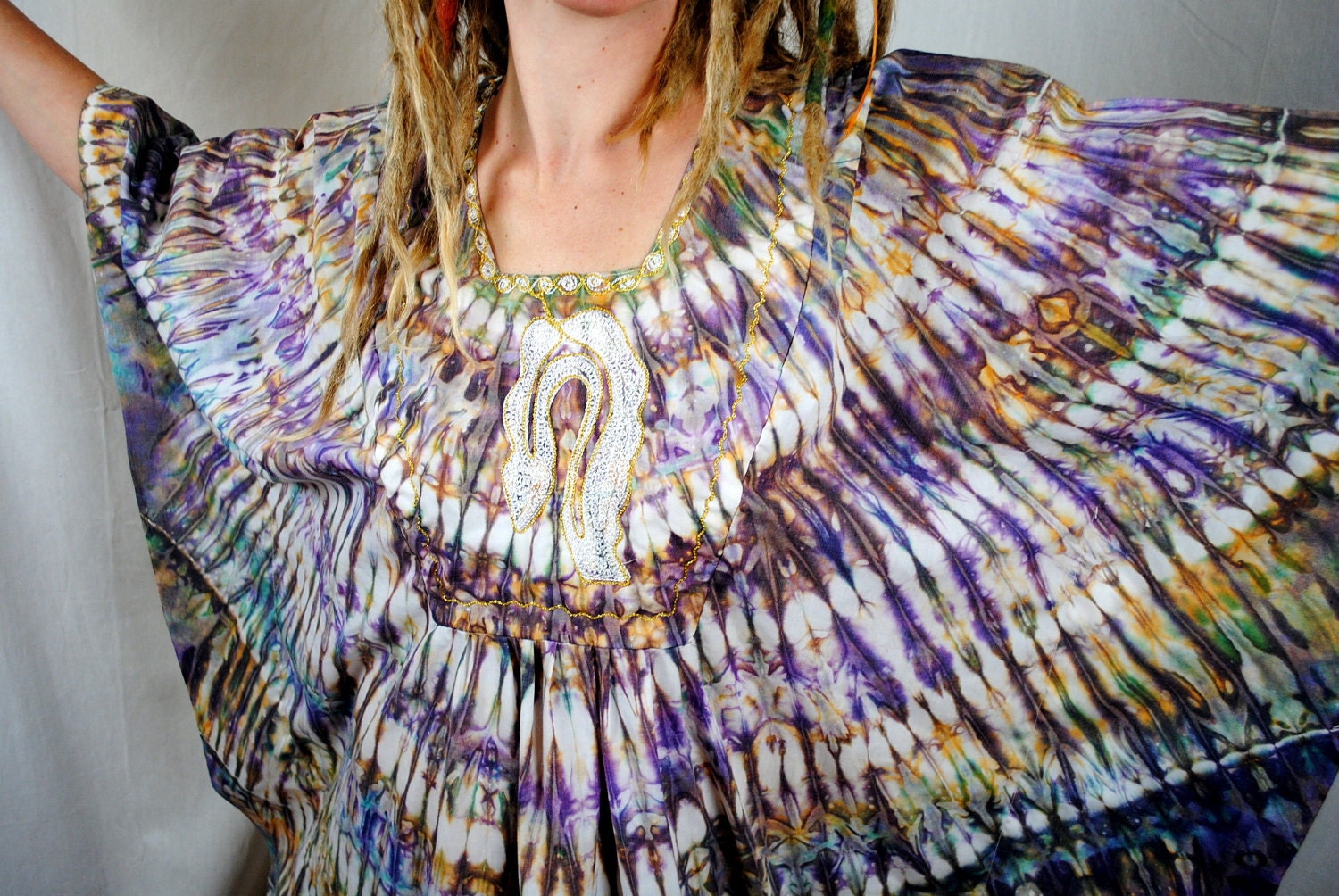 Vintage Hippie Tie Dye Batik African MuMu Dashiki Caftan Dress