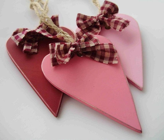 Set of Three Valentine Colored Rustic, Pimitive Wooden Heart Ornaments
