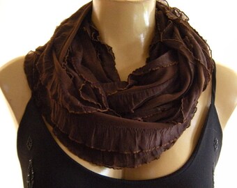 Chocolate brown ruffled infinity scarf Brown ruffle cowl Dark brown ruffle scarf Chocolate Layers Flamenco Necklace Scarf-