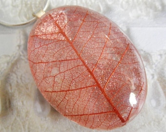 Intricate, Rustic, Burgundy Skeleton Leaf Dome Glass Pendant-Symbolizes Peace, Tranquility-Nature's Wearable Art