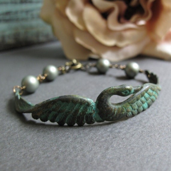 Grace Swan Cuff Bracelet Antique Gold Brass Rustic Green