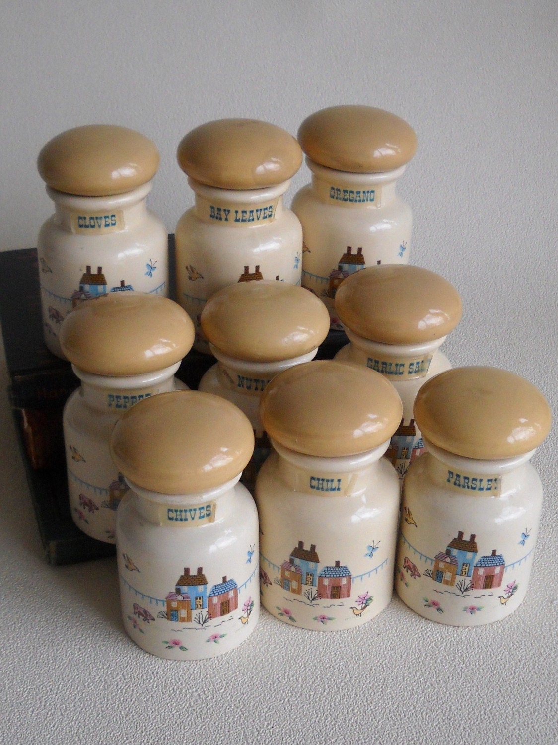 vintage 9 ceramic spice jars