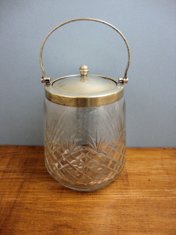 Items similar to Vintage Cut Glass Biscuit Jar with White Metal Lid and