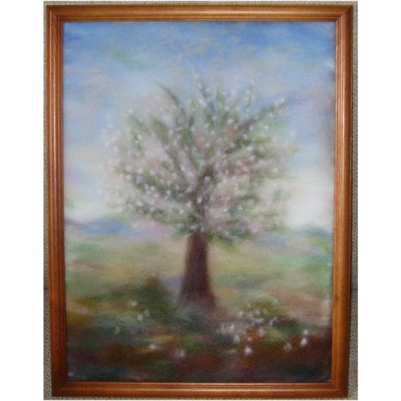 Cherry tree in bloom - wool fiber art, wall hanging, wool picture