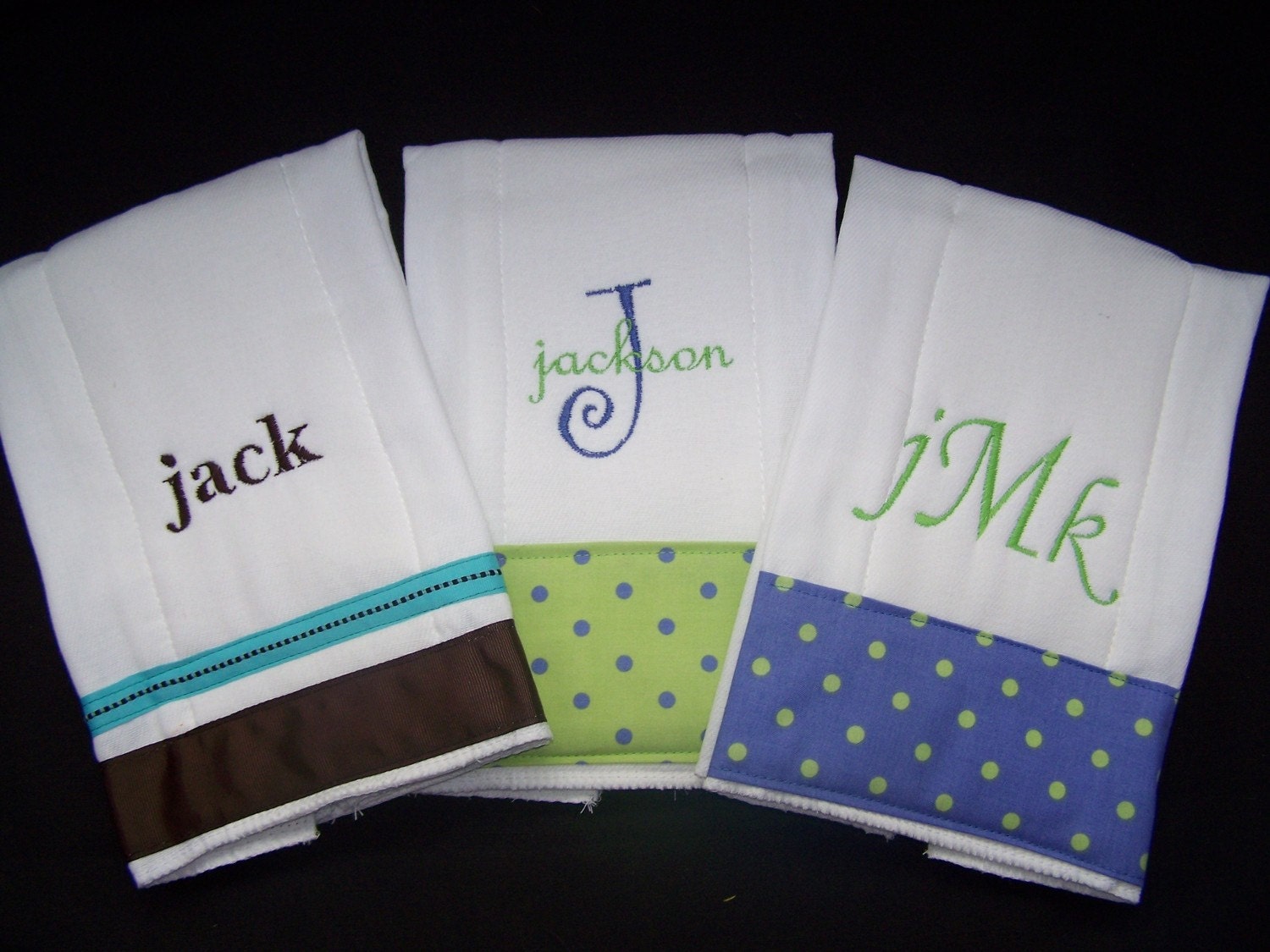Personalized Monogrammed Burp Cloths Set of 3 by cjrcabbott