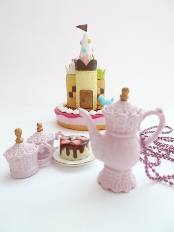 Antique pink Teapot necklace alice in wonderland miniature