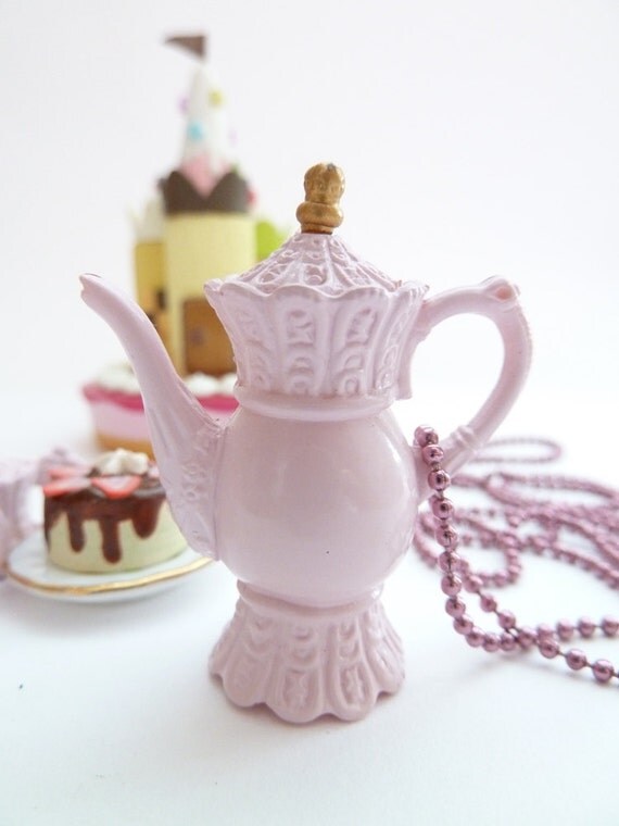 Antique pink Teapot necklace alice in wonderland miniature
