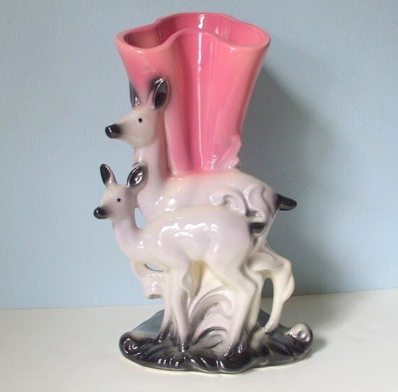 Hull Pottery Vase Deer and Fawn Large Mint 1950's