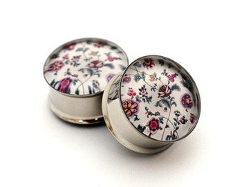 Vintage Floral Design Picture Plugs gauges - 16g, 14g, 12g, 10g, 8g, 6g, 4g, 2g, 0g, 00g, 1/2, 9/16, 5/8, 3/4, 7/8, 1 inch